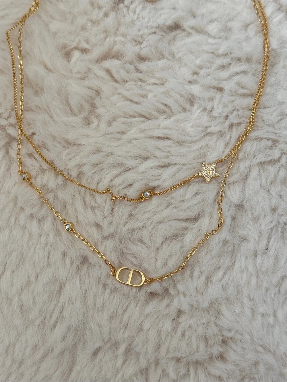 Dior CD Double Layer Gold Necklace with Crystal Star Charm